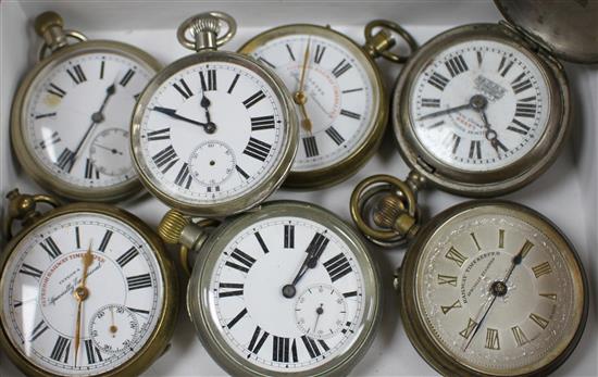 Seven assorted base metal pocket watches, including Superior Railway Timekeeper and Railway Regulator